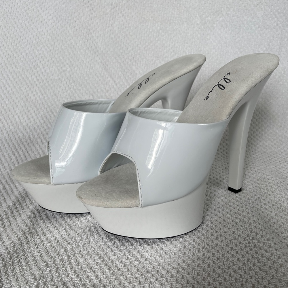 New White Patent Leather 6” Heeled Dancer Mules